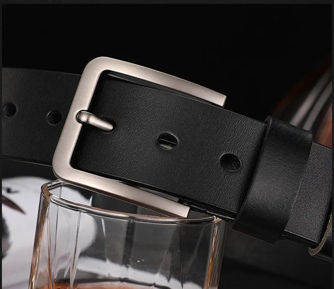 Men's cowhide leather belt with rectangular alloy pin buckle in black colour on white background