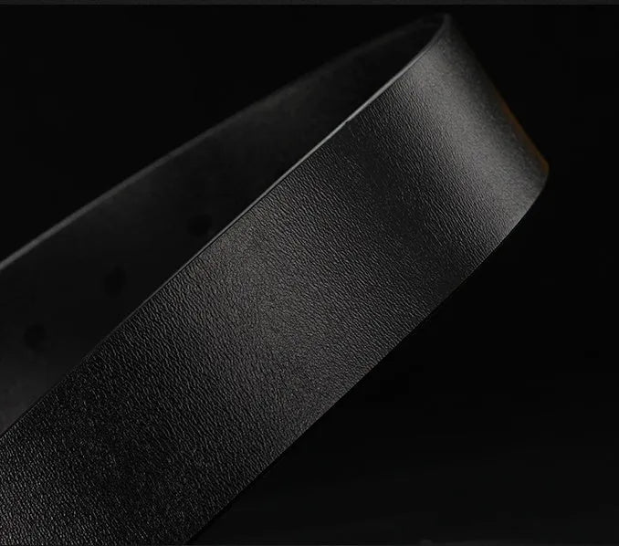 Men's cowhide leather belt with rectangular alloy pin buckle in black colour on white background