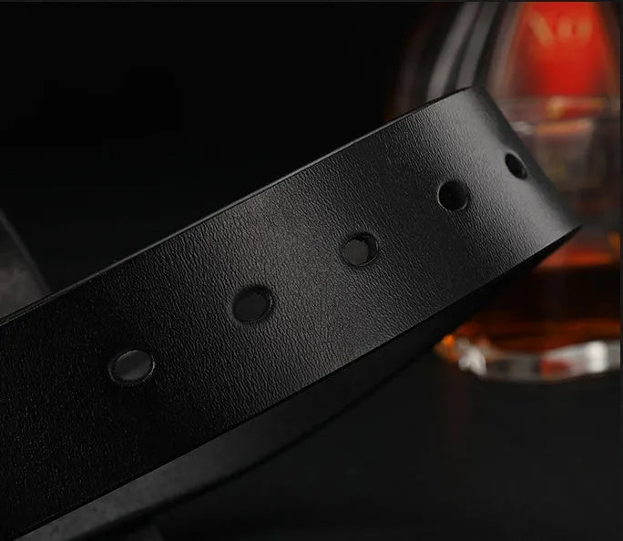 Men's cowhide leather belt with rectangular alloy pin buckle in black colour on white background