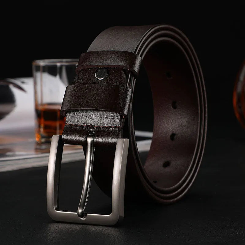Men's cowhide leather belt with rectangular alloy pin buckle in black colour on white background
