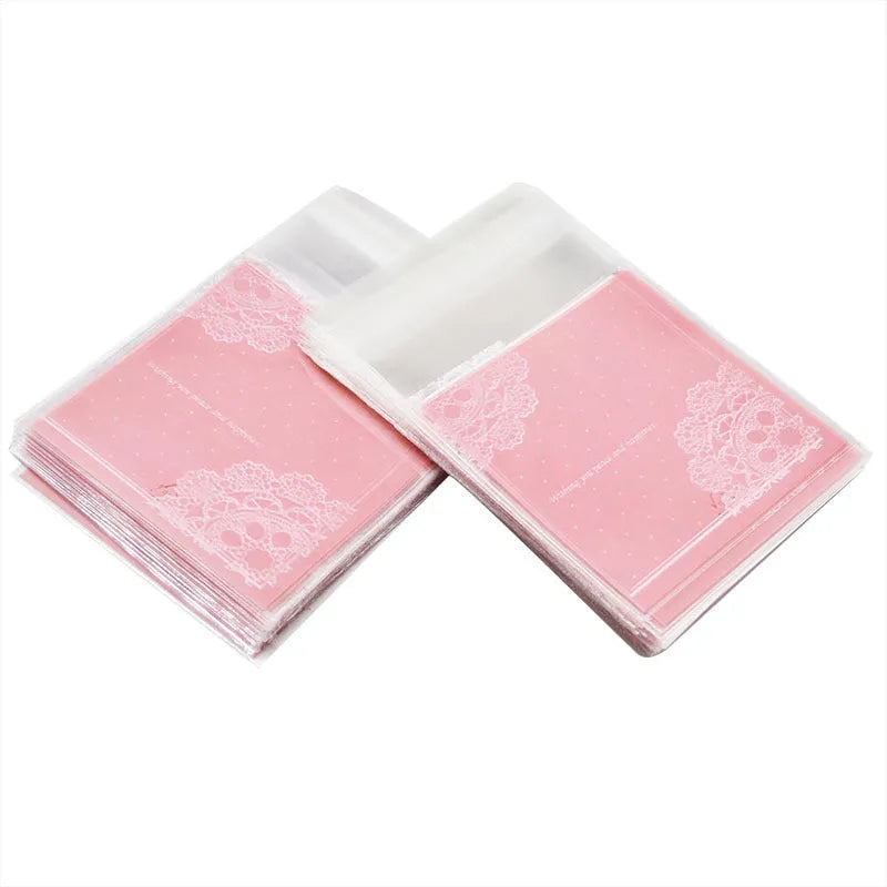 Pink self-adhesive plastic packaging bag with UV printing measuring 7x7cm plus 3cm adhesive flap