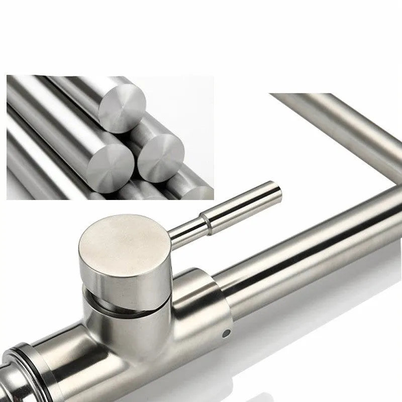 Silver stainless steel dual-control kitchen tap showing 360-degree rotation capability