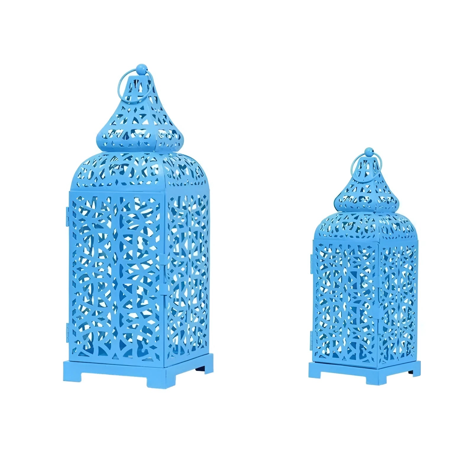 Blue Moroccan style geometric iron candlestick holder with hollow design for decorative lighting.