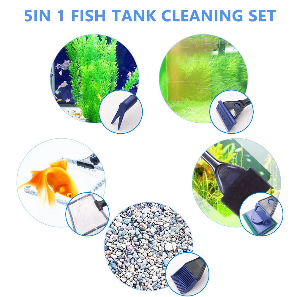5 in 1 aquarium cleaning tool with algae scraper, net, and gravel rake on adjustable rod, black and blue