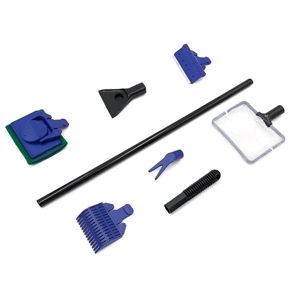 5 in 1 aquarium cleaning tool with algae scraper, net, and gravel rake on adjustable rod, black and blue