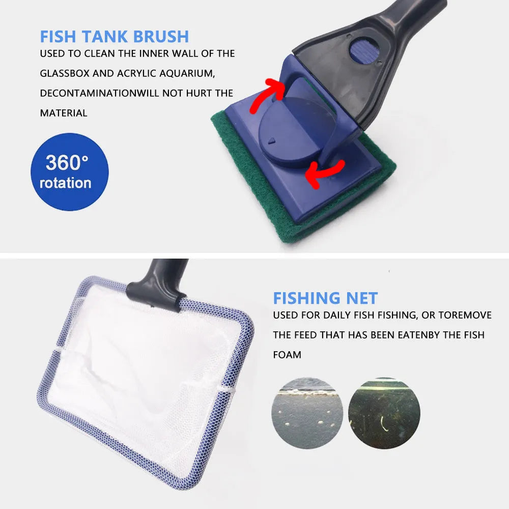5 in 1 aquarium cleaning tool with algae scraper, net, and gravel rake on adjustable rod, black and blue