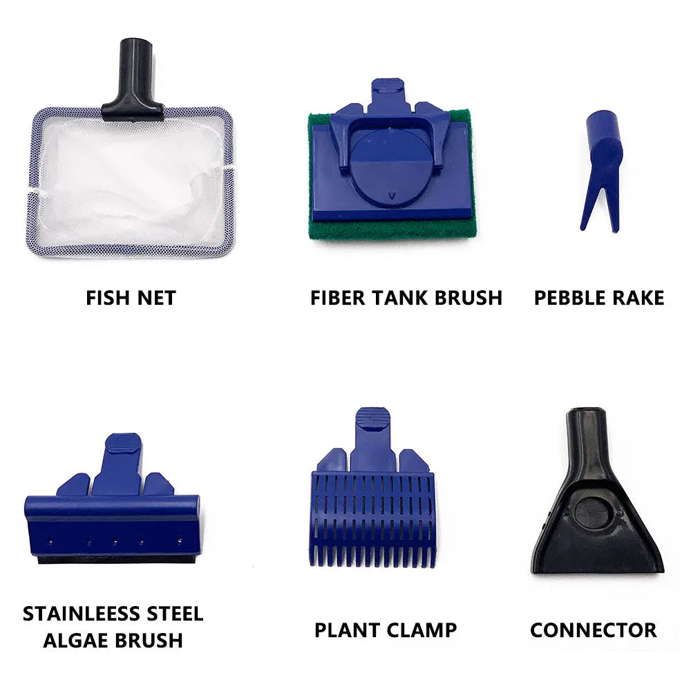 5 in 1 aquarium cleaning tool with algae scraper, net, and gravel rake on adjustable rod, black and blue