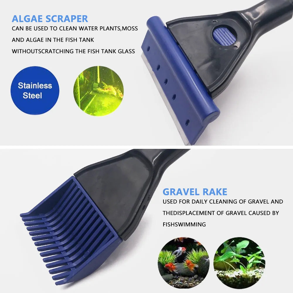 5 in 1 aquarium cleaning tool with algae scraper, net, and gravel rake on adjustable rod, black and blue