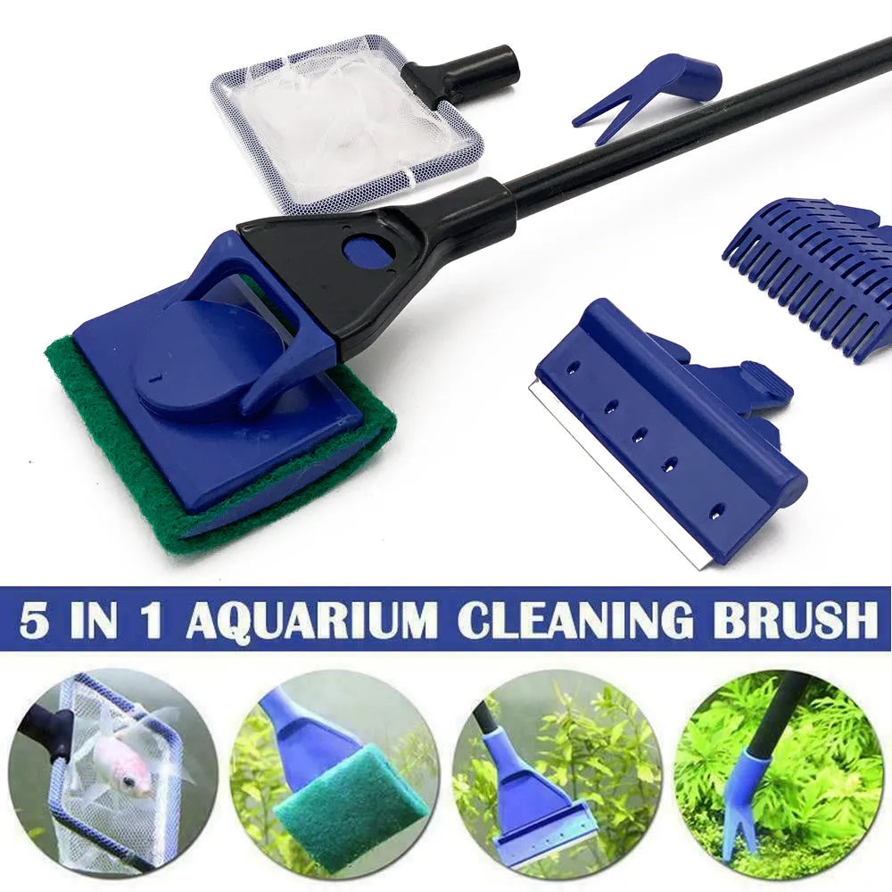 5 in 1 aquarium cleaning tool with algae scraper, net, and gravel rake on adjustable rod, black and blue
