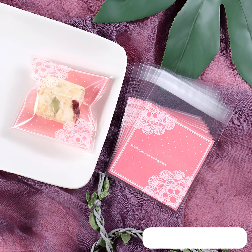 Pink self-adhesive plastic packaging bag with UV printing measuring 7x7cm plus 3cm adhesive flap