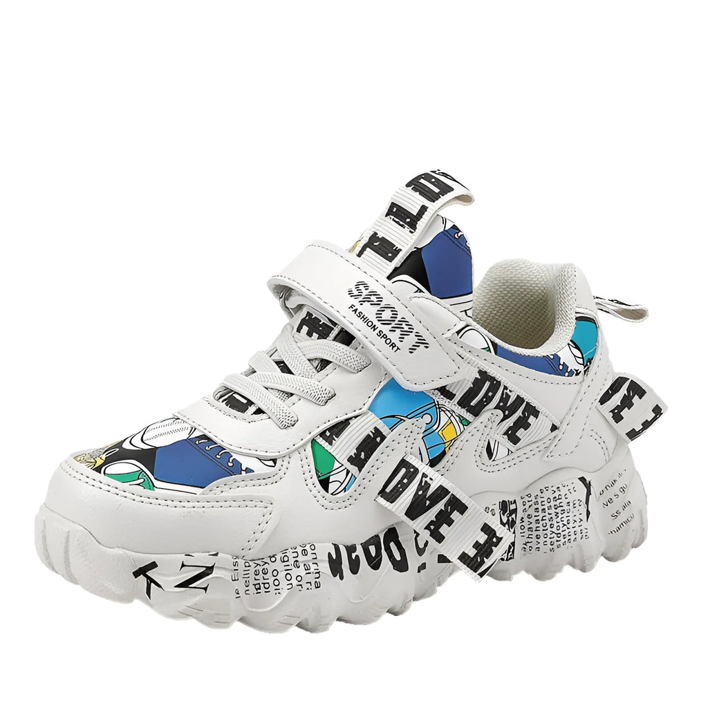 Children's Velcro sports sneakers in beige blue, white red and bright red colours with rubber soles