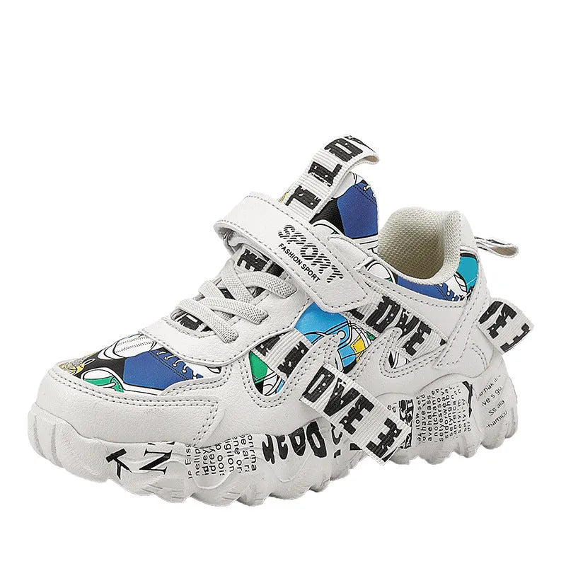 Children's Velcro sports sneakers in beige blue, white red and bright red colours with rubber soles