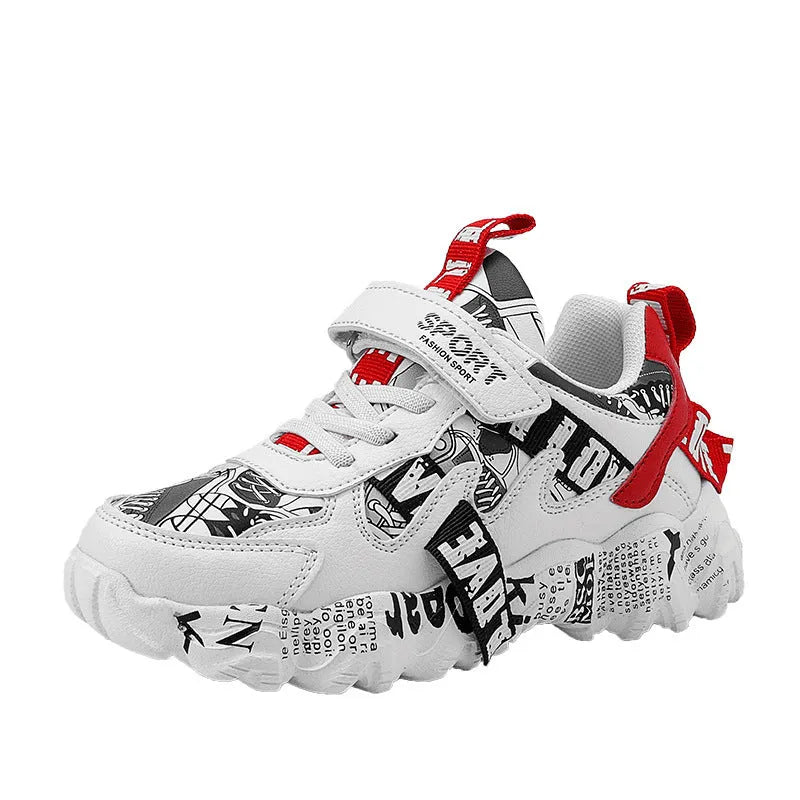 Children's Velcro sports sneakers in beige blue, white red and bright red colours with rubber soles