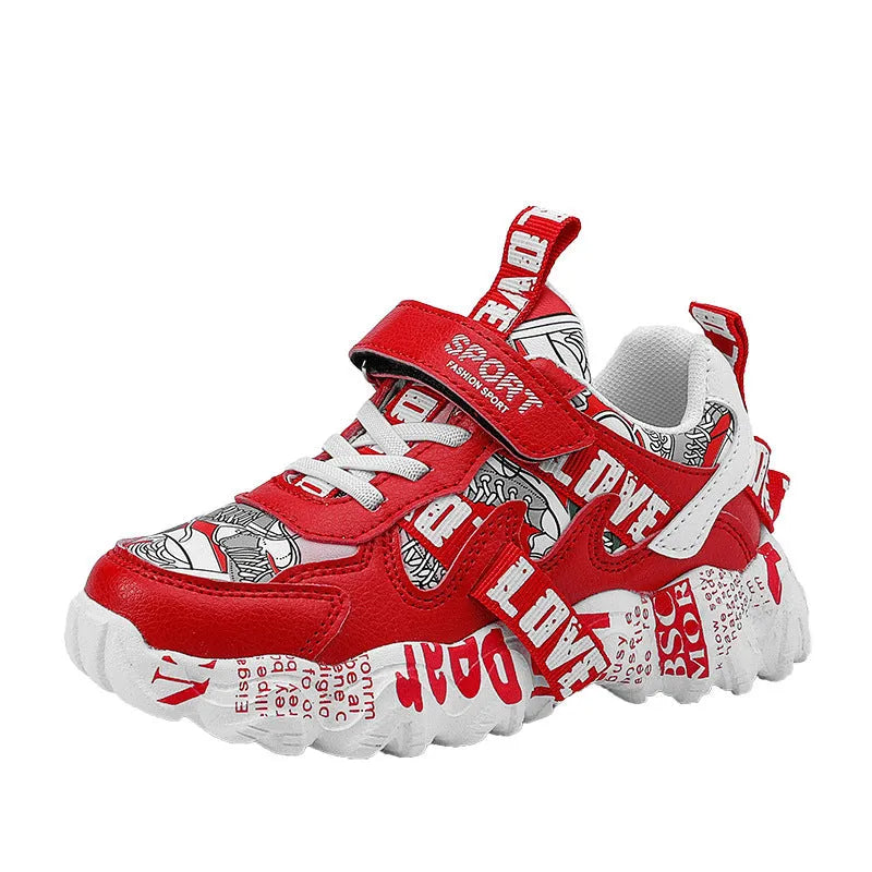Children's Velcro sports sneakers in beige blue, white red and bright red colours with rubber soles