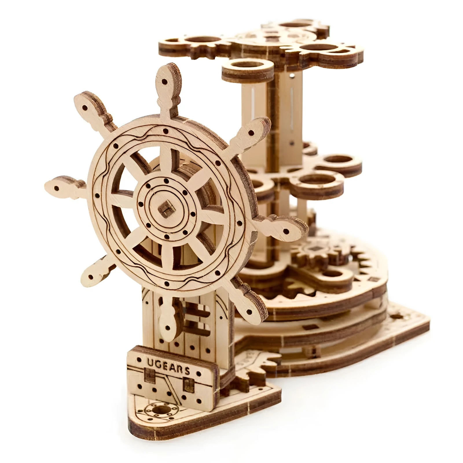 Ukrainian wooden rotating pen holder model with steering wheel mechanism on wooden base