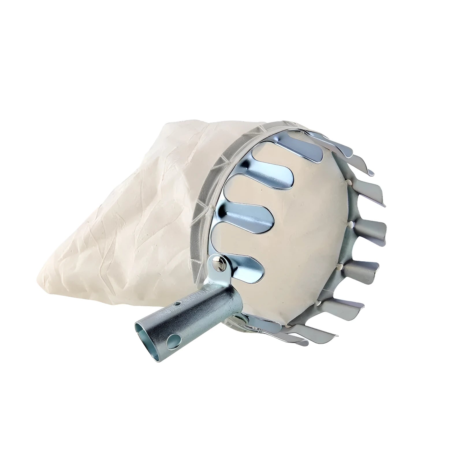 Steel frame fruit picker with cloth catcher bag for harvesting citrus, pears, and peaches