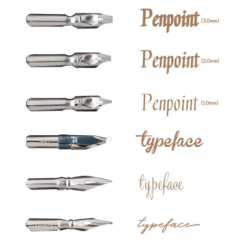 Black and brown calligraphy dip pen with straight and inclined angles and six stainless steel nibs