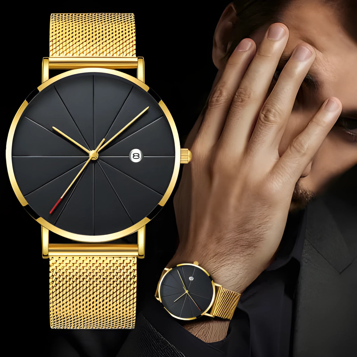 Calendar thin mens watch with round dial, stainless steel mesh band, and pin buckle clasp on a wrist