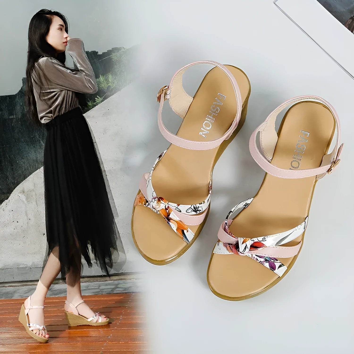 Women's pink wedge sandals with a thick heel, fish mouth style, and a buckle strap.