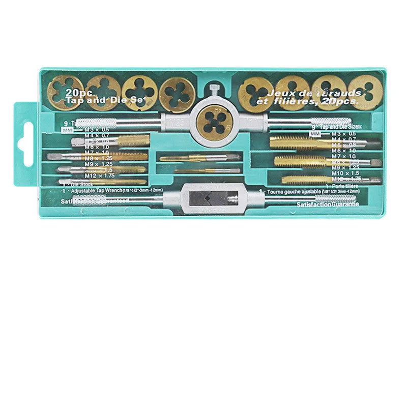 Alloy steel hand tap and die set with silver and titanium-plated taps on a workshop bench.