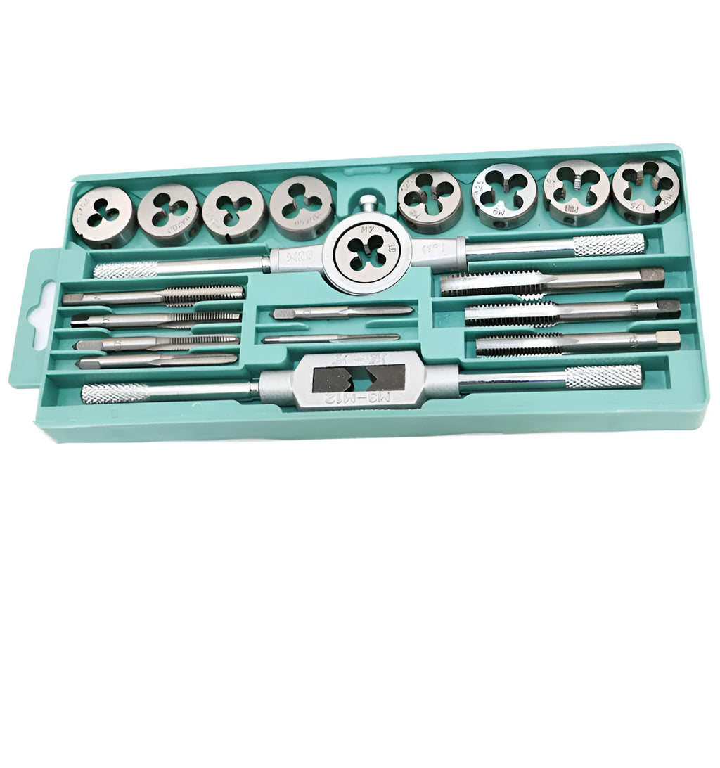 Alloy steel hand tap and die set with silver and titanium-plated taps on a workshop bench.