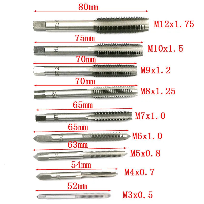 Alloy steel hand tap and die set with silver and titanium-plated taps on a workshop bench.