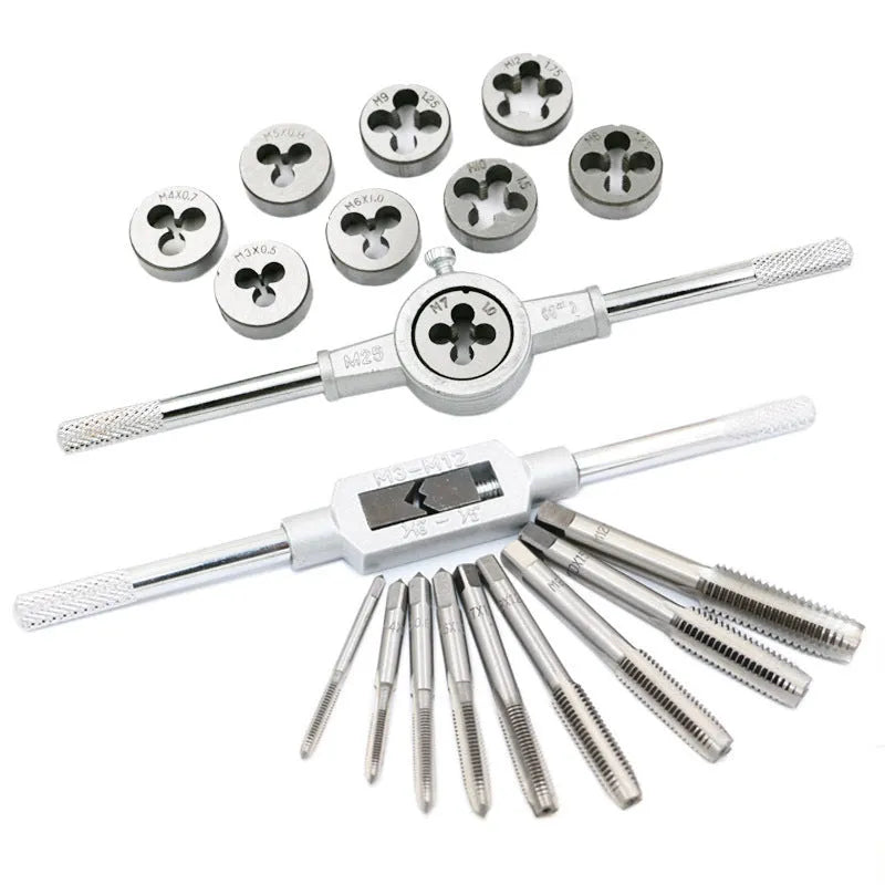 Alloy steel hand tap and die set with silver and titanium-plated taps on a workshop bench.