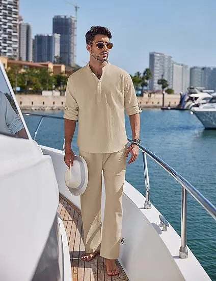 Men's solid colour cotton casual suit with long sleeves and trousers on a hanger.