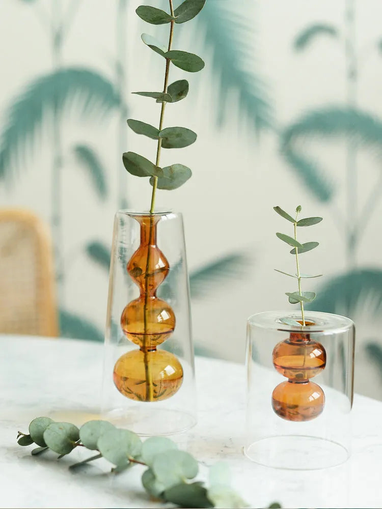 ReFound retro stained glass gourd vase in green for hydroponic flowers on a countertop