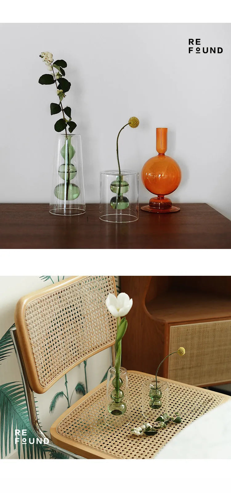 ReFound retro stained glass gourd vase in green for hydroponic flowers on a countertop