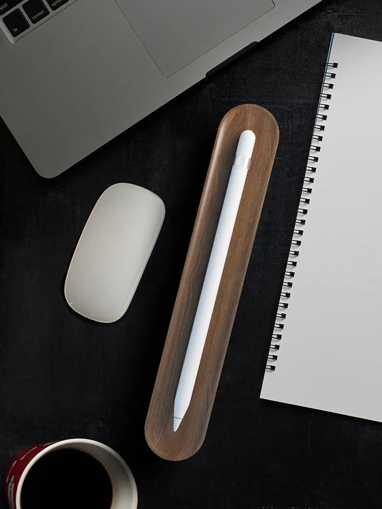 Walnut solid wood stylus pen storage box with silicone lining, open lid showing pen slot