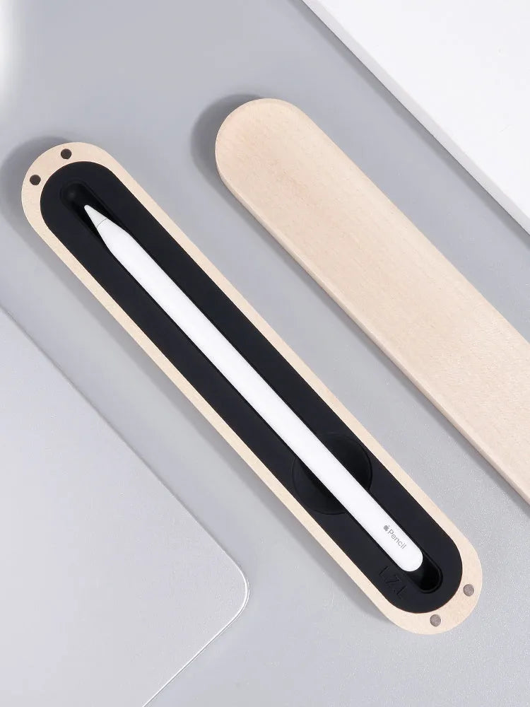 Walnut solid wood stylus pen storage box with silicone lining, open lid showing pen slot
