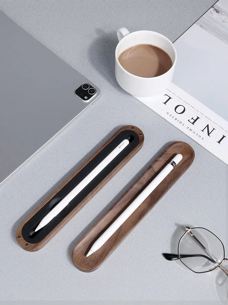 Walnut solid wood stylus pen storage box with silicone lining, open lid showing pen slot