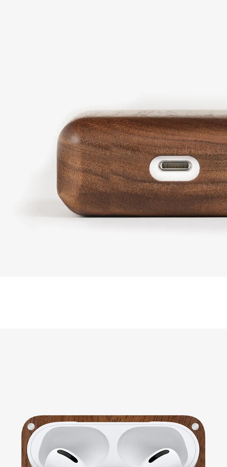 Solid wood earphone case in bamboo colour with lanyard, compatible with Apple Bluetooth earphones