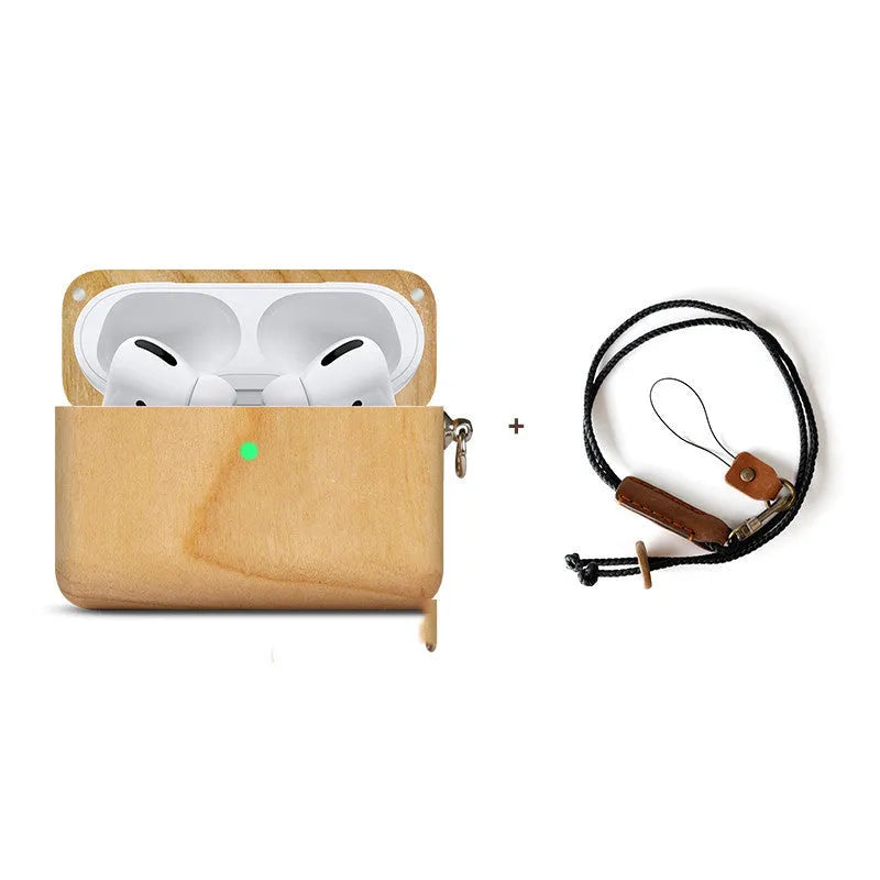 Solid wood earphone case in bamboo colour with lanyard, compatible with Apple Bluetooth earphones