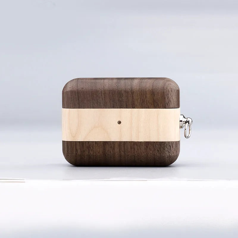 Solid wood earphone case in bamboo colour with lanyard, compatible with Apple Bluetooth earphones
