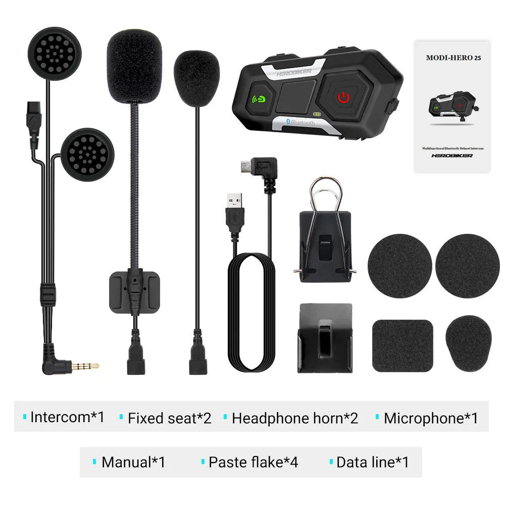 HEROBIKER motorcycle intercom helmet headset with black casing, waterproof design, and built-in speakers
