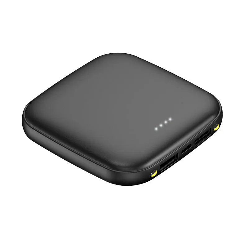 Compact square black power bank with 20000mAh capacity and a small LED flashlight on the front.
