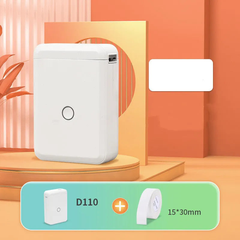 White D110 Bluetooth thermal label printer on desk with label roll