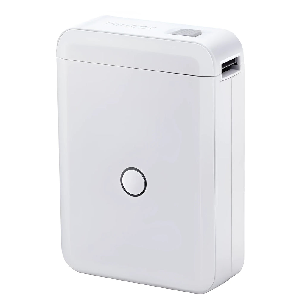 White D110 Bluetooth thermal label printer on desk with label roll