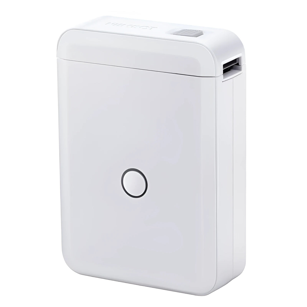 White D110 Bluetooth thermal label printer on desk with label roll