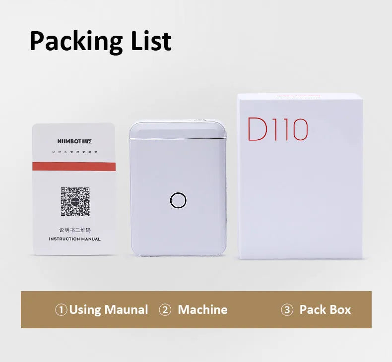 White D110 Bluetooth thermal label printer on desk with label roll