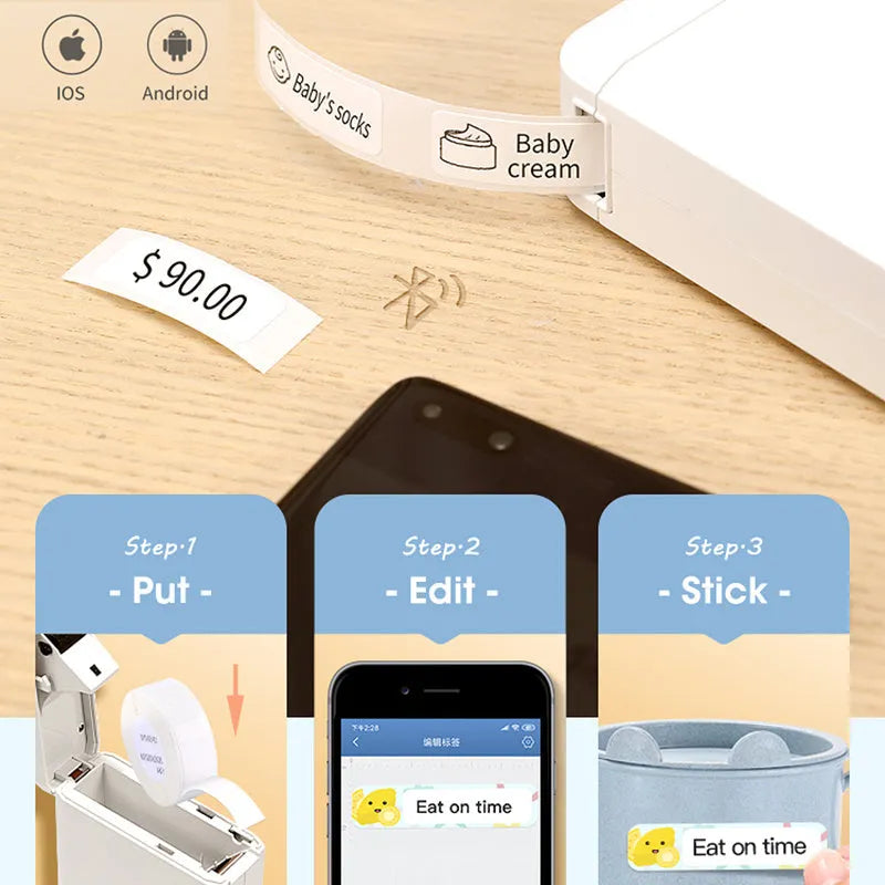 White D110 Bluetooth thermal label printer on desk with label roll