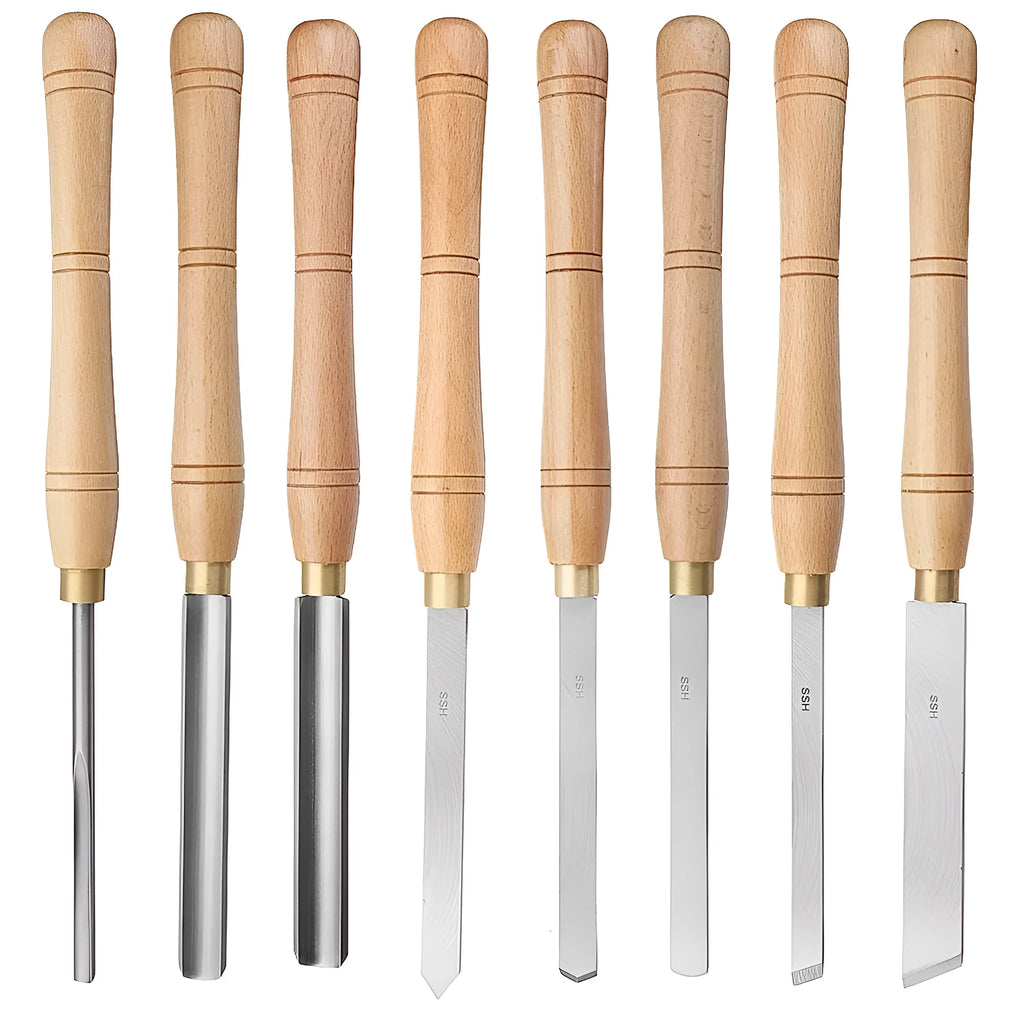 Eight chrome vanadium steel woodturning tools arranged in a wooden storage box.