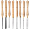 Eight chrome vanadium steel woodturning tools arranged in a wooden storage box.