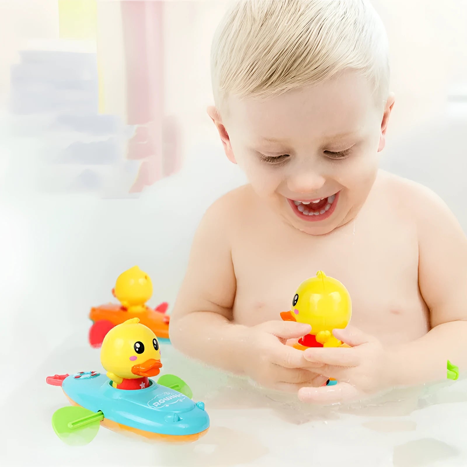 Yellow plastic wind-up duck bath toy swimming in water.