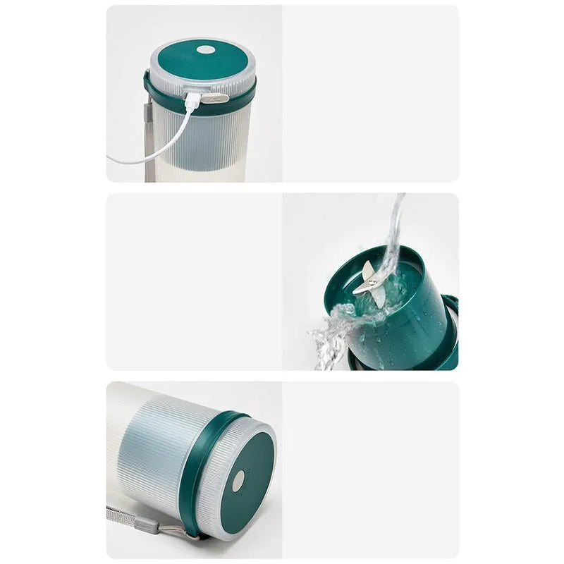 Small pink and green portable electric juicer cup with USB charging cable.