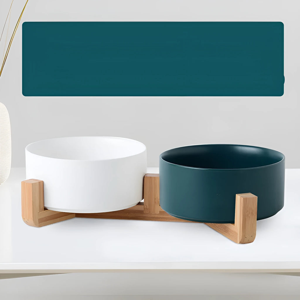 Double bowl cat bowl ceramic with bamboo base random colour 13cm size