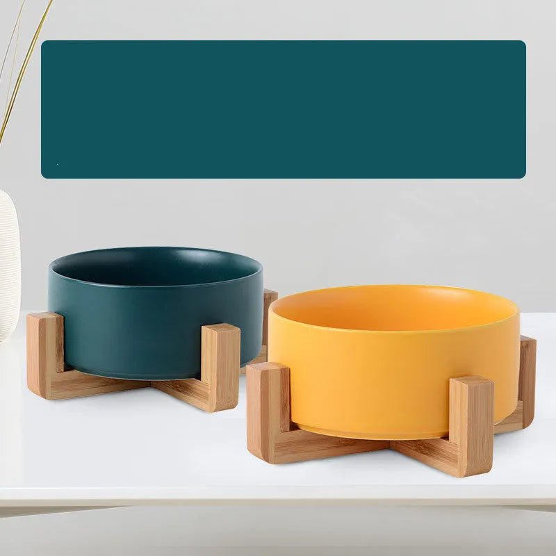 Double bowl cat bowl ceramic with bamboo base random colour 13cm size