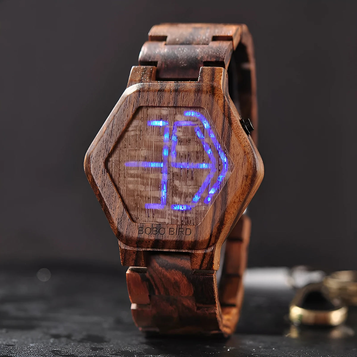 LED display wooden watch for men with hexagon dial, brown wood strap, luminous screen
